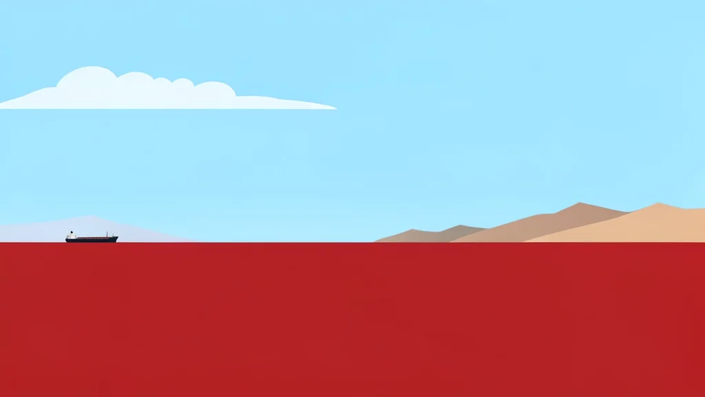 A calm stretch of the Red Sea with a distant coastline and a single cargo ship on the horizon