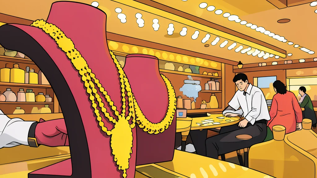 A stack of gold coins and a delicate gold necklace resting on a dark velvet cloth