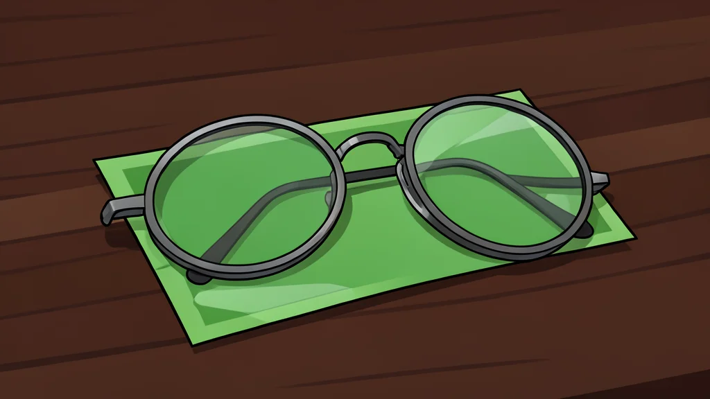 A stack of Chinese banknotes resting on a wooden desk next to a pair of reading glasses