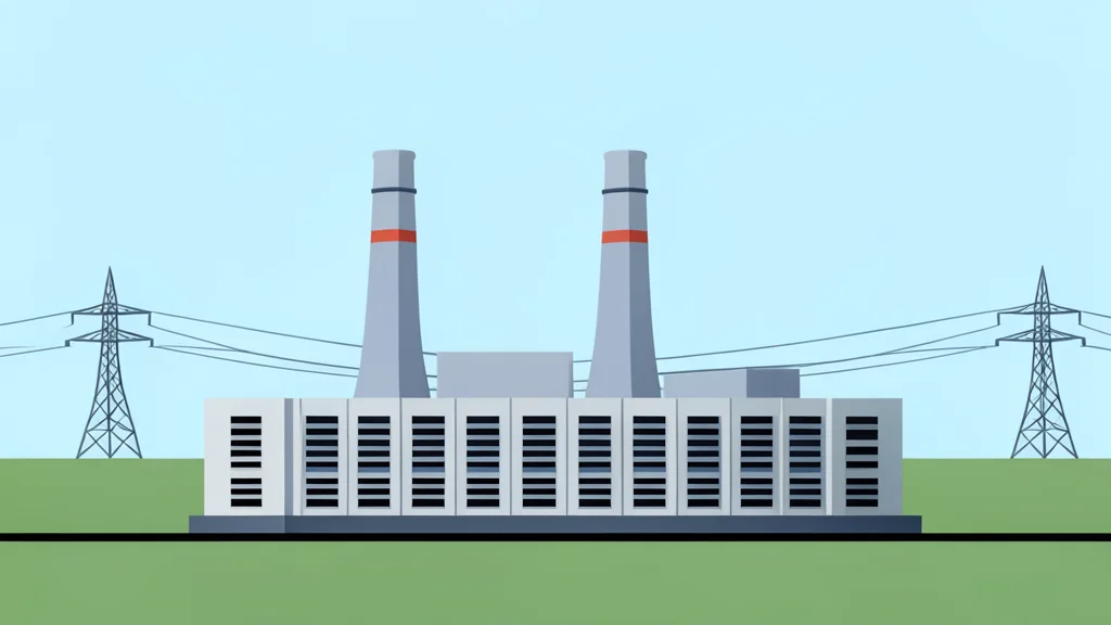 A large industrial building with cooling towers and high-voltage power lines stretching across a flat landscape