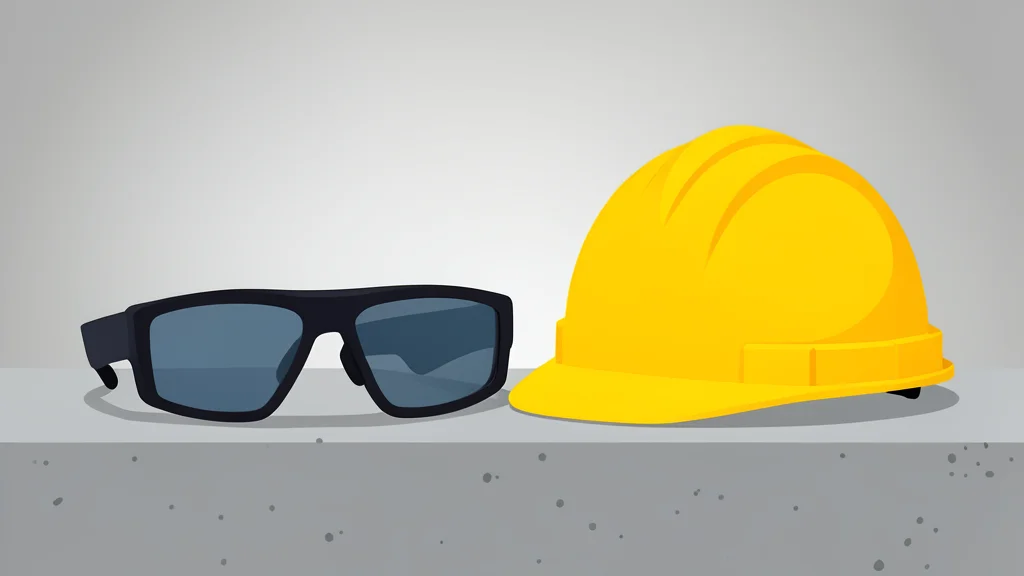 A pair of sleek, modern smart glasses resting on a concrete surface next to a hard hat