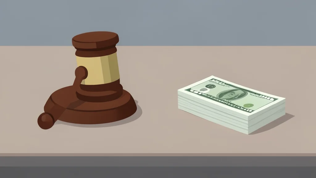 A wooden gavel resting on a polished desk surface next to a stack of paper currency