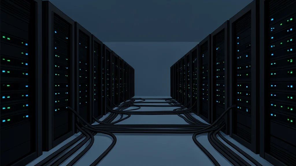 A vast, dimly lit server room with rows of tall, black metal racks containing blinking indicator lights, connected by thick bundles of fiber optic cables running along the floor.