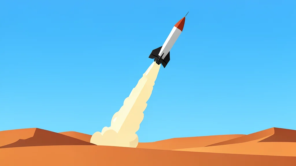 A ballistic missile ascending through a clear sky above a desert landscape