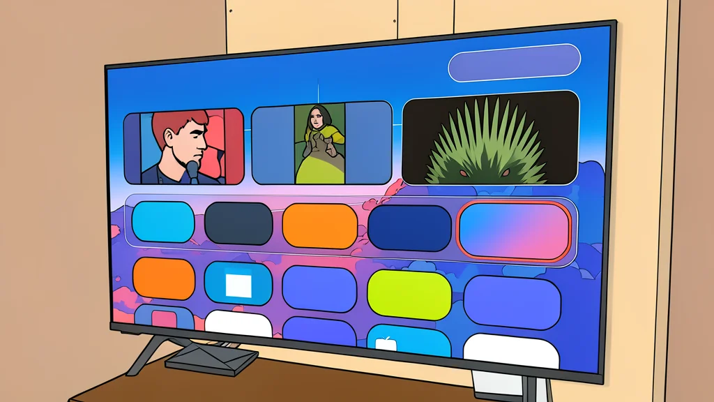 A minimalist television remote control resting on a dark wooden surface next to a modern flat-screen TV displaying a simple grid of colorful app icons.
