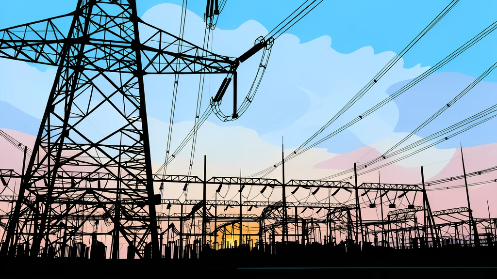 A high-voltage transmission tower standing in a field of tall grass under a clear sky.