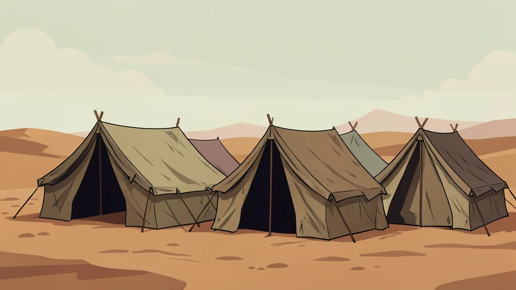 A cluster of weathered canvas tents set against a dusty, arid landscape under a hazy sky