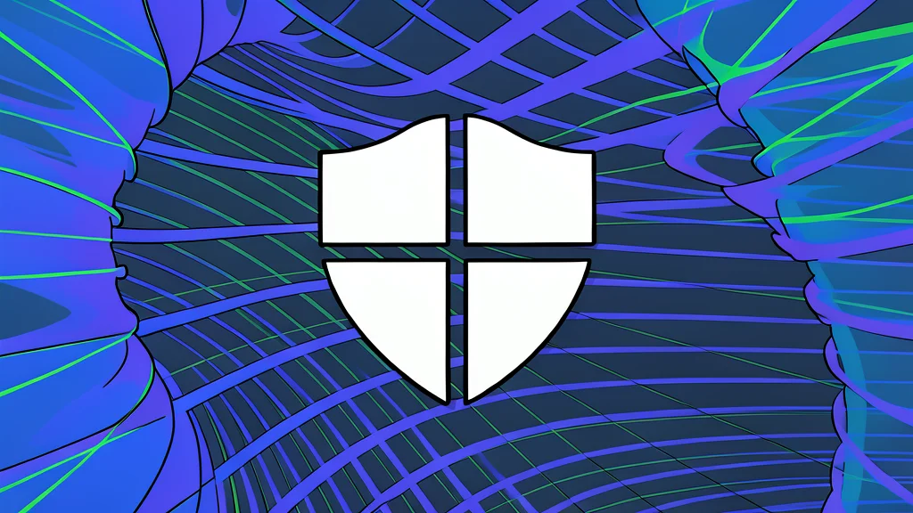A glowing shield icon hovering over a laptop keyboard