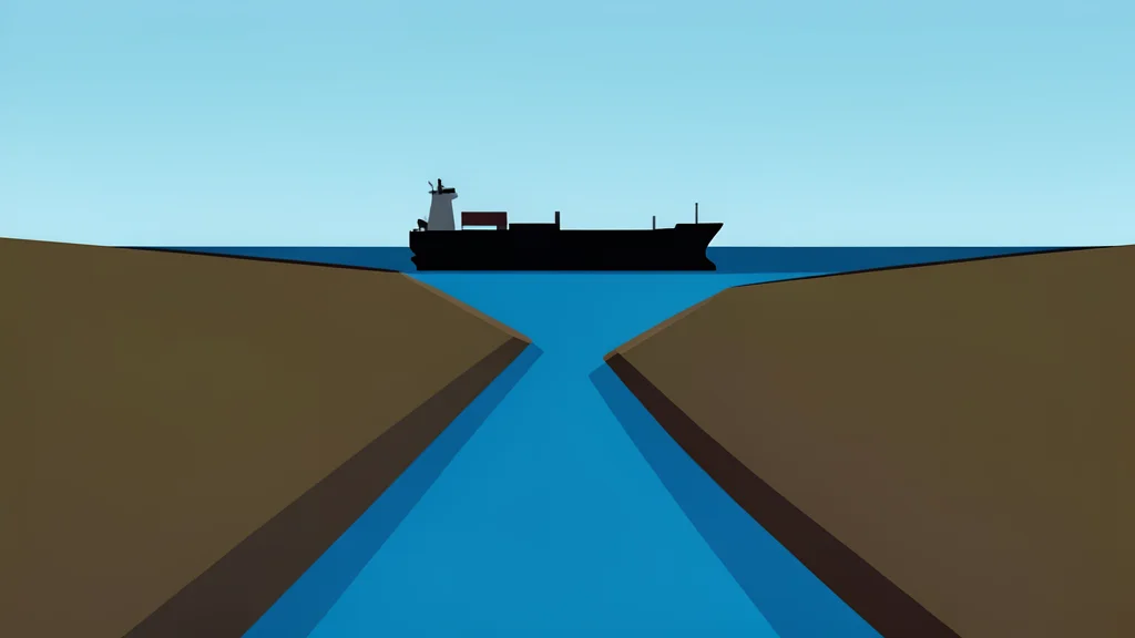 A narrow strait of water connecting two large landmasses, with a silhouette of a cargo ship in the distance