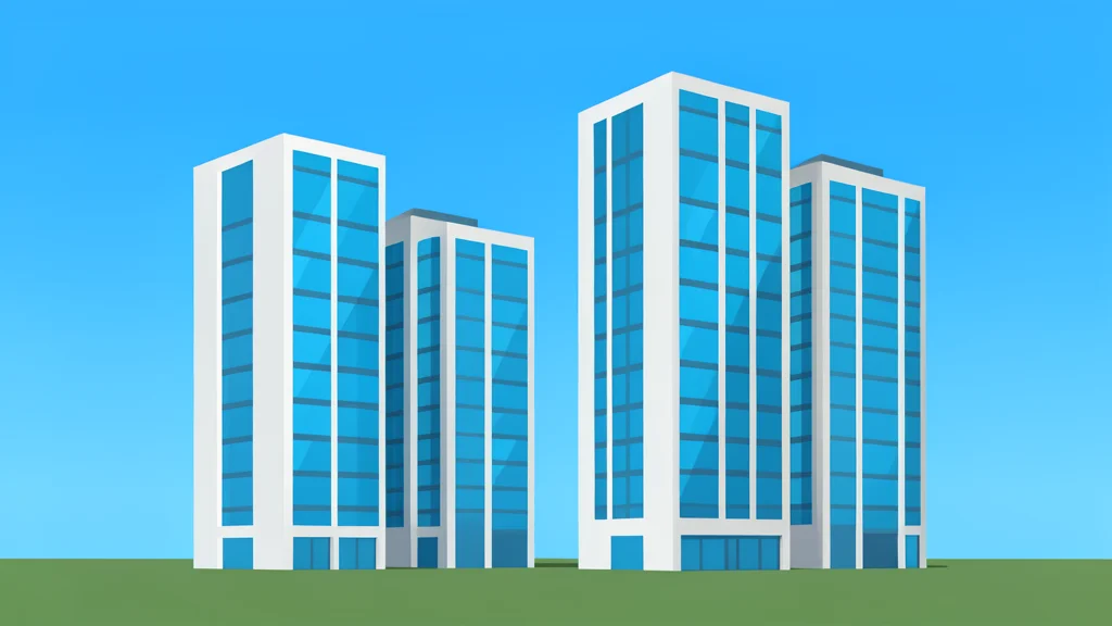 A cluster of modern high-rise residential buildings with glass facades reflecting the sky