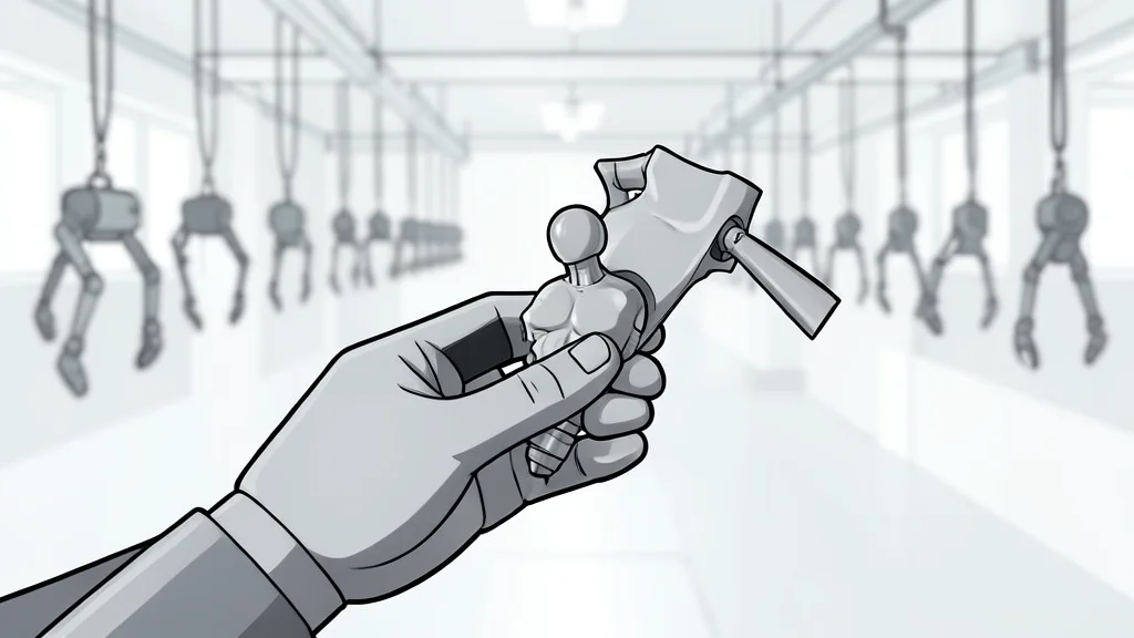 A sleek, bipedal humanoid robot standing on a polished industrial floor next to a mechanical assembly arm.