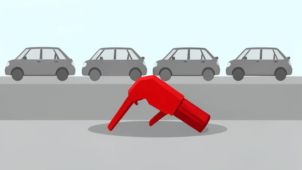 A fuel pump nozzle resting on a concrete surface next to a row of parked cars