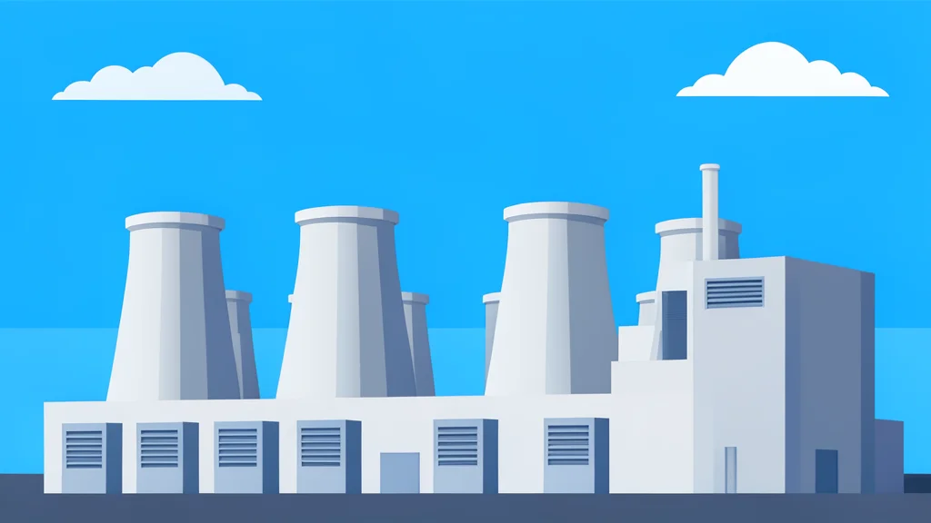 A large, modern industrial building with rows of cooling towers and ventilation units against a clear sky