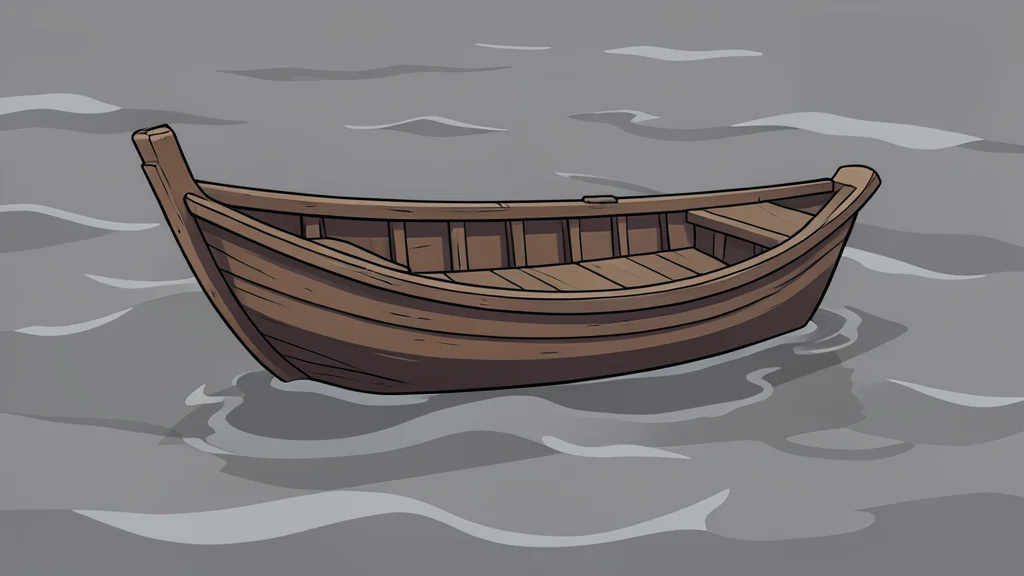 A small wooden rowboat floating on choppy grey water