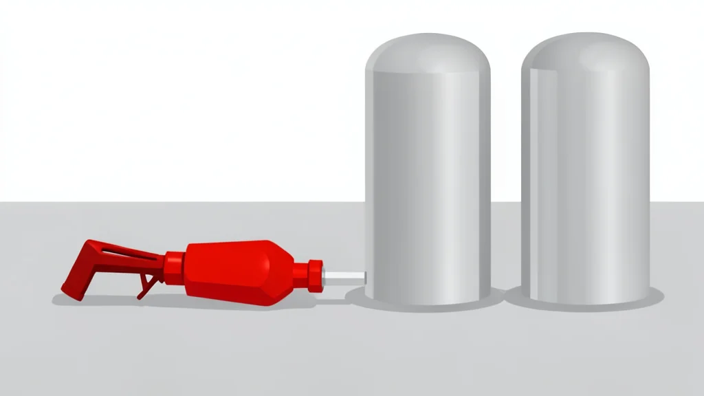 A gas pump nozzle resting on a concrete surface next to a row of fuel tanks