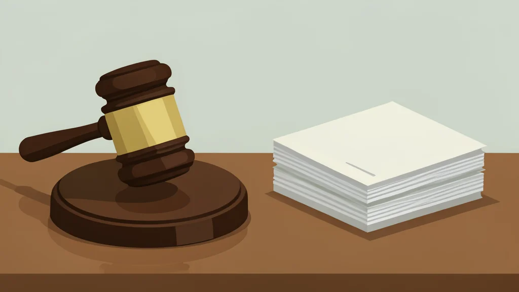 A wooden gavel resting on a polished desk next to a stack of generic paper ledgers