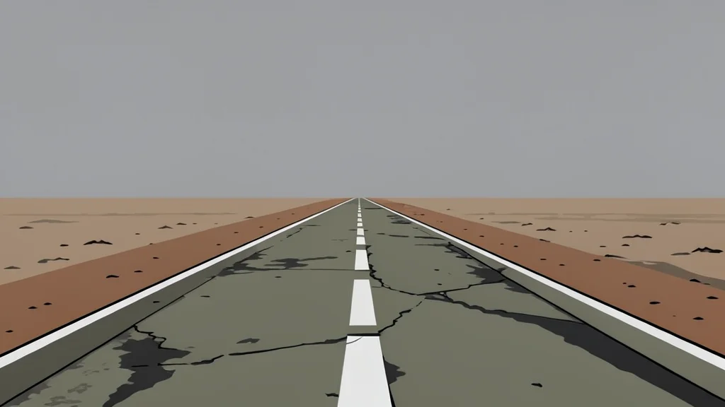 A weathered military airbase runway stretching into a dusty horizon under a grey sky