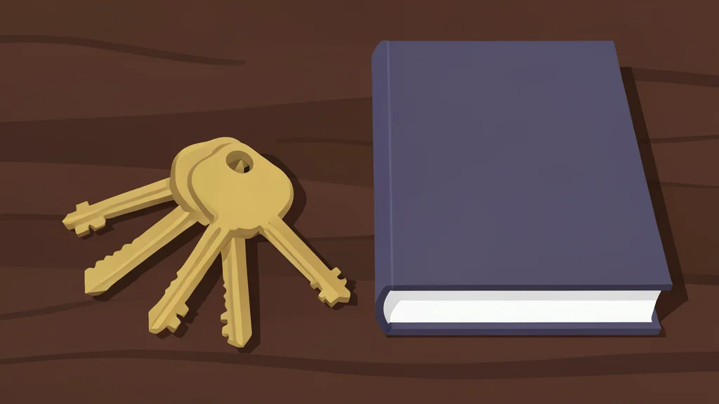 A set of brass house keys resting on a wooden table next to a closed book