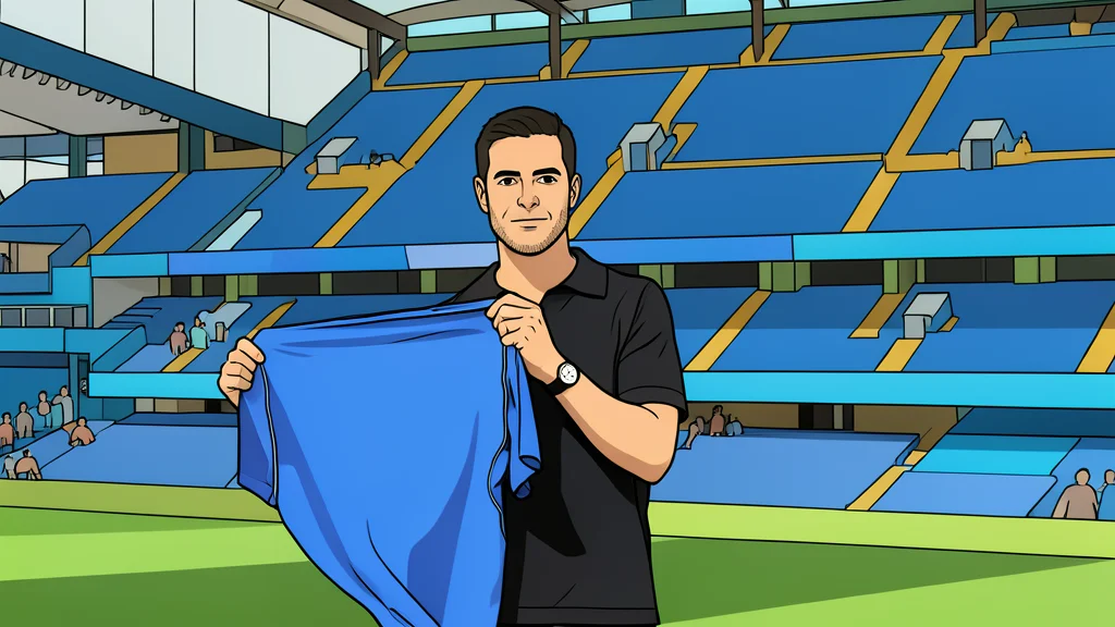 A flat-vector illustration of a green football pitch with white boundary lines and a goal net in the background, devoid of players or text.