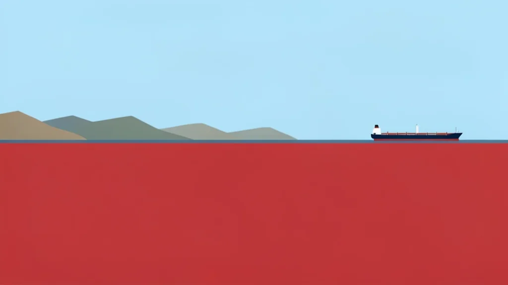A calm stretch of the Red Sea with a distant coastline and a single cargo ship on the horizon