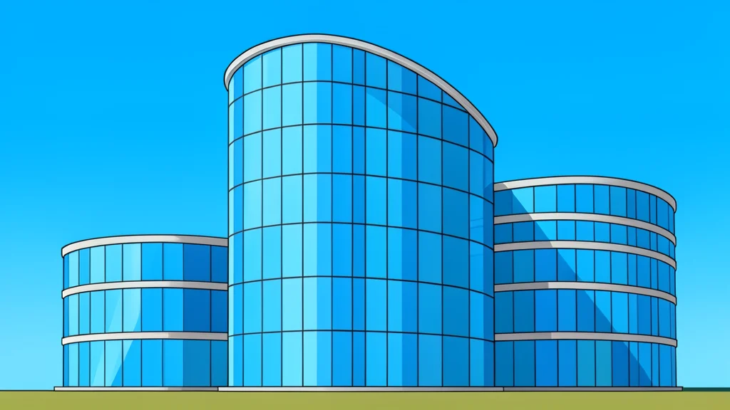 A modern glass skyscraper complex with a curved facade reflecting a clear blue sky