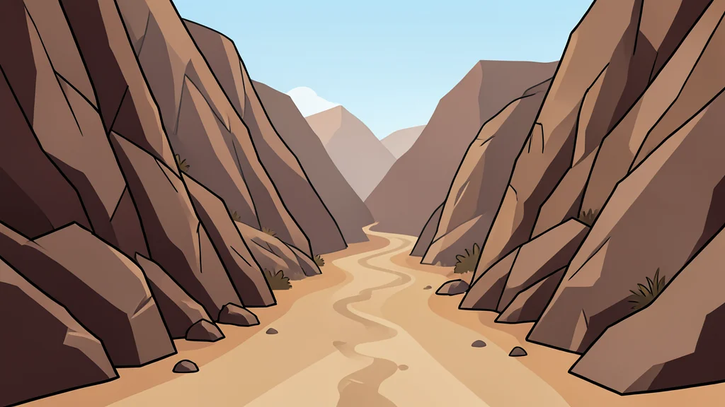 A dusty, unpaved road winding through a rugged, arid mountain valley with steep rocky cliffs on either side.