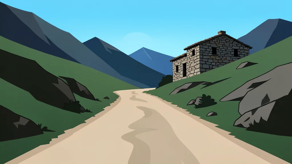 A dusty, unpaved road winding through a rugged mountainous landscape with a single, weathered stone building visible in the distance.