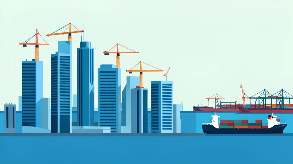 A modern city skyline with construction cranes and a busy harbor in the background