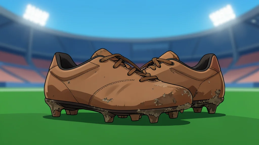 A worn leather football resting on green artificial turf