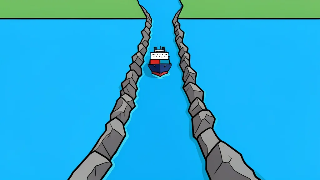 A narrow, rocky strait connecting two large bodies of water with a cargo ship passing through
