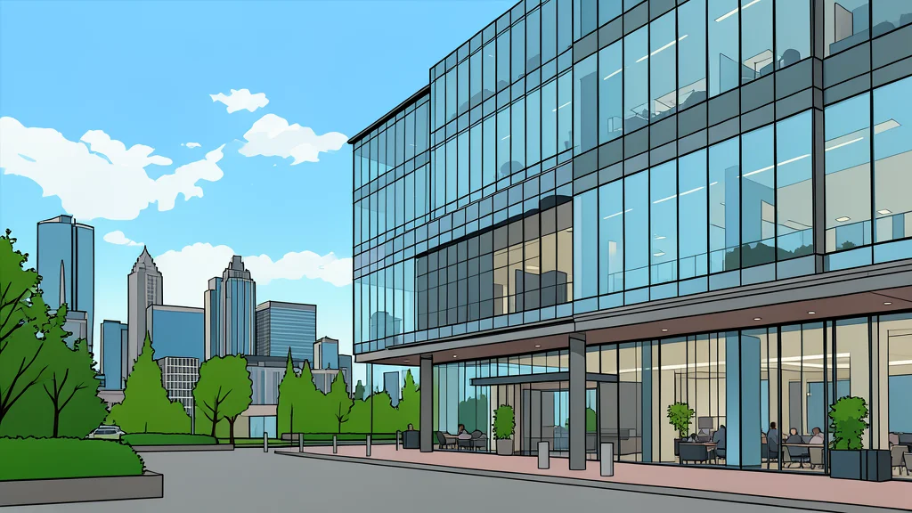 A modern glass office building with a secure entrance and a generic shield symbol on the facade
