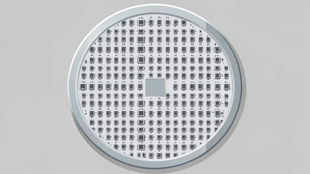 A close-up view of a silicon wafer with a grid of square integrated circuits