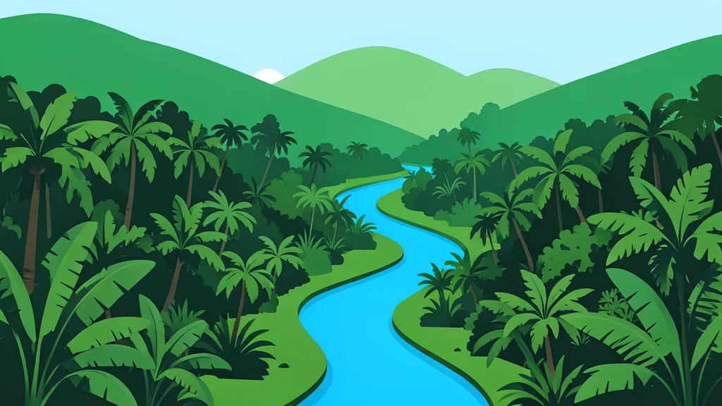 A dense tropical forest landscape with a winding river cutting through green hills