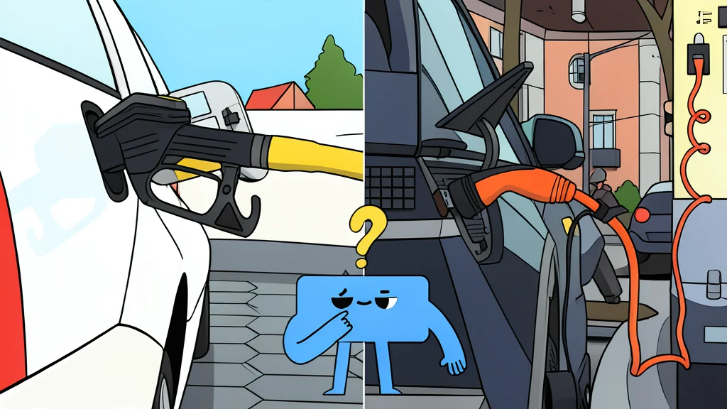A flat vector illustration of a modern electric vehicle plugged into a charging station on a busy city street.
