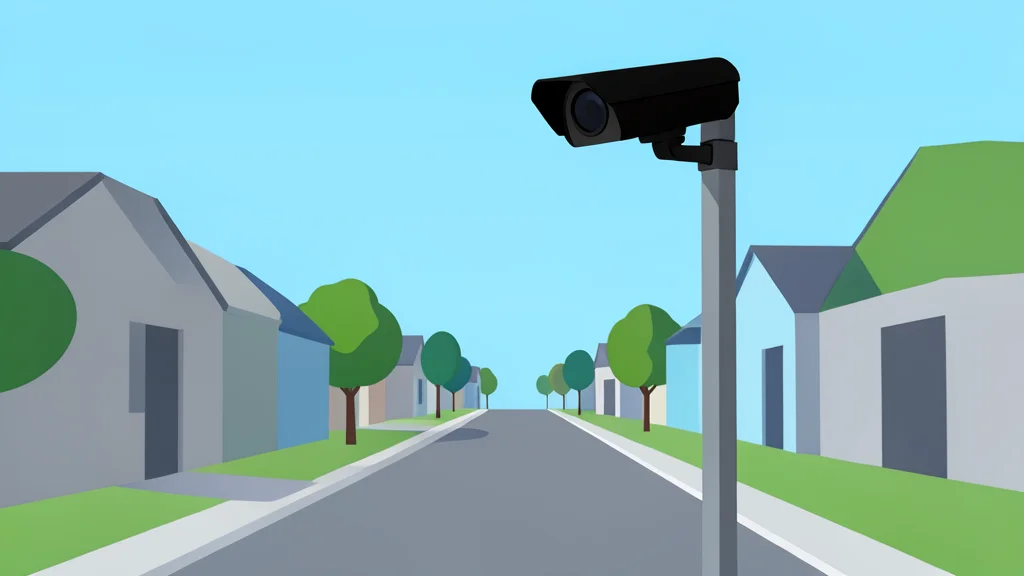 A flat vector illustration of a surveillance camera mounted on a pole overlooking a quiet suburban street with houses and trees.