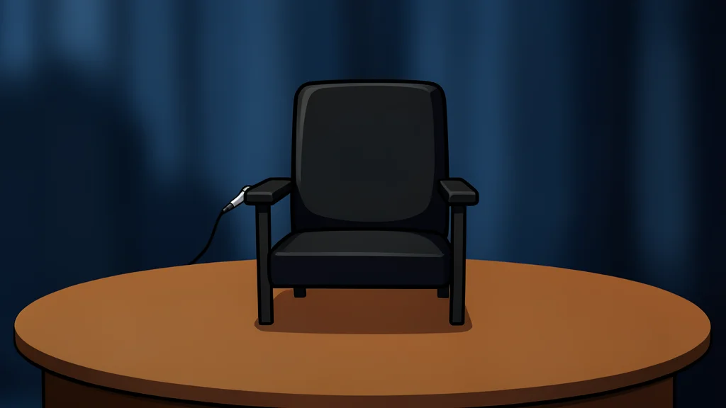 A curved wooden desk with empty chairs and microphones in a large circular room