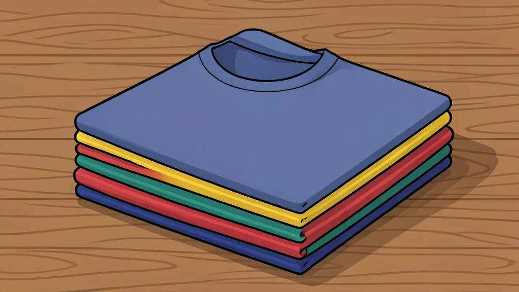 A neatly folded stack of colorful cotton t-shirts on a wooden table