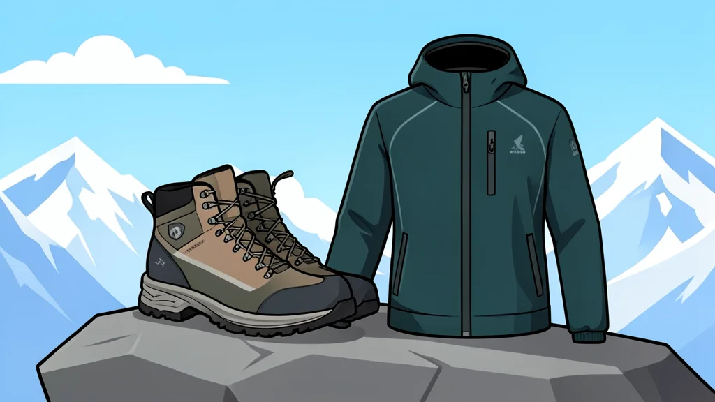 A pair of high-performance hiking boots and a technical windbreaker jacket resting on a rocky alpine ledge