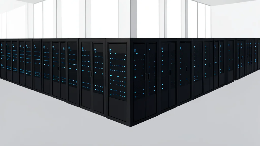 A modern server room with rows of black computer towers and glowing blue status lights