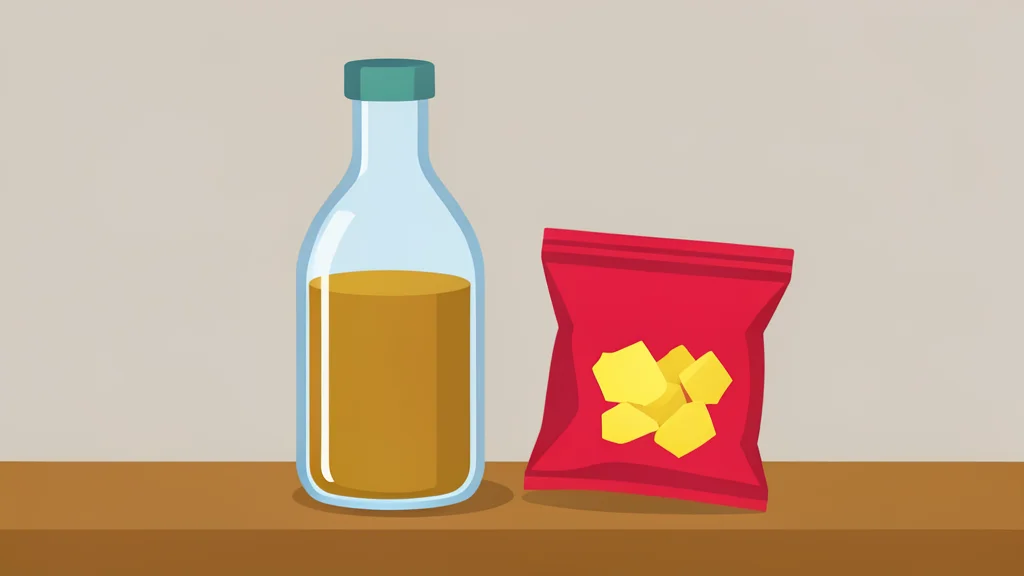 A glass bottle of carbonated beverage and a bag of potato chips sitting on a wooden table