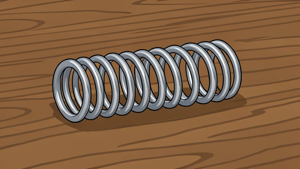A tightly wound mechanical spring resting on a wooden desk