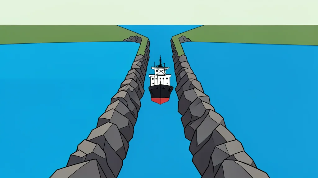 A narrow, rocky strait connecting two large bodies of water with a single cargo ship passing through the channel