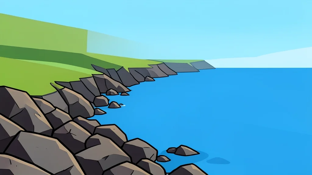 A rocky coastline meeting the sea with a narrow strait in the distance