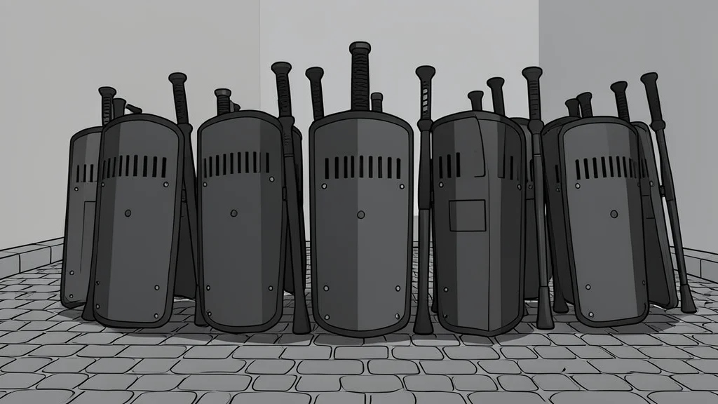 A row of riot shields and batons standing upright on a cobblestone street
