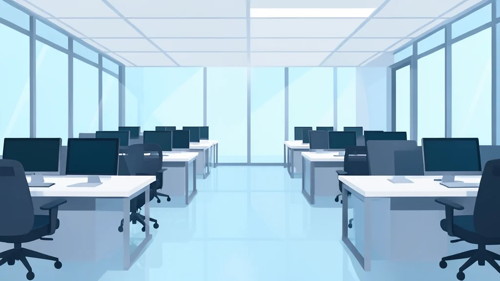 A modern glass trading floor with rows of empty desks and computer monitors