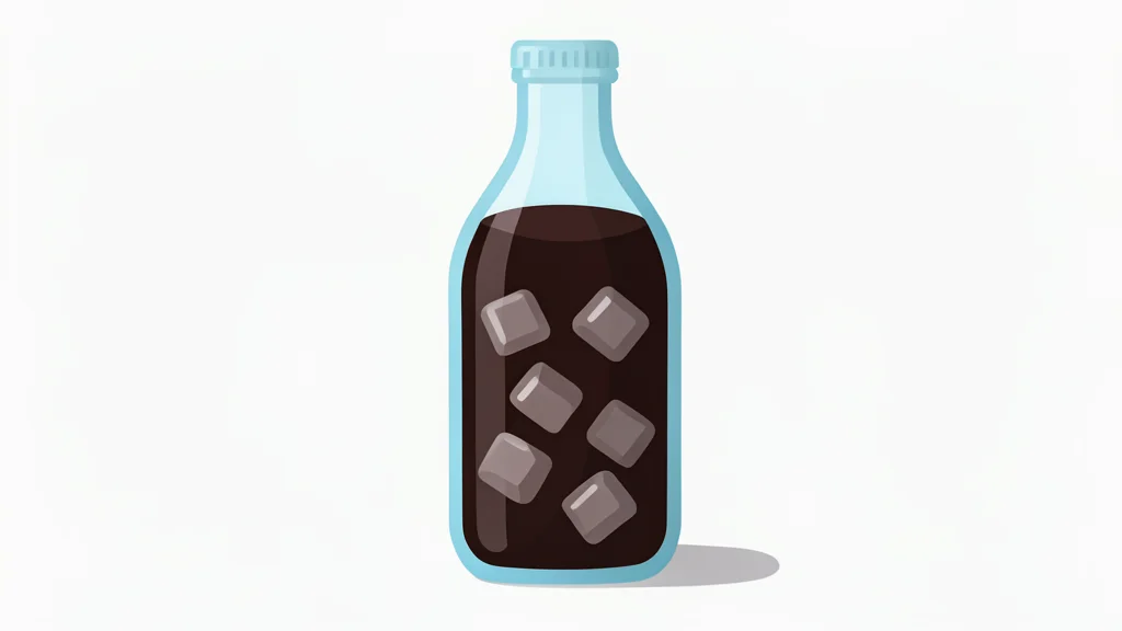 A glass bottle filled with dark carbonated liquid and ice cubes
