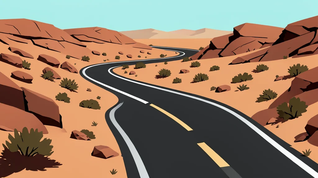 A winding asphalt highway cutting through a dry, rocky desert landscape with sparse scrub vegetation.