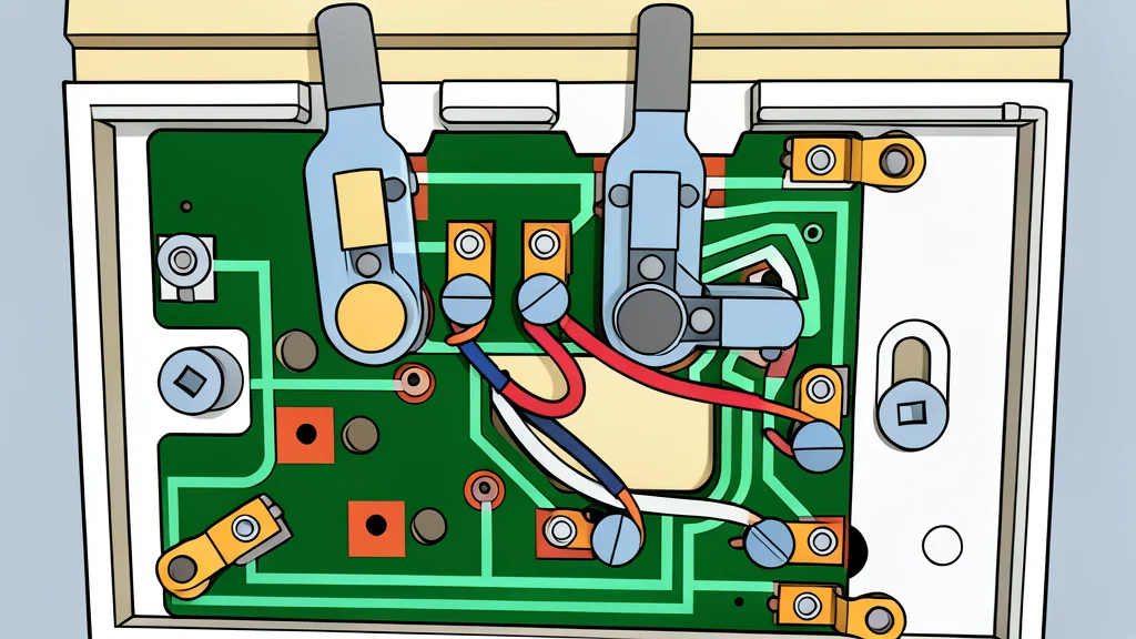 A white rectangular thermostat mounted on a wall connected to a bundle of colored wires behind the panel.