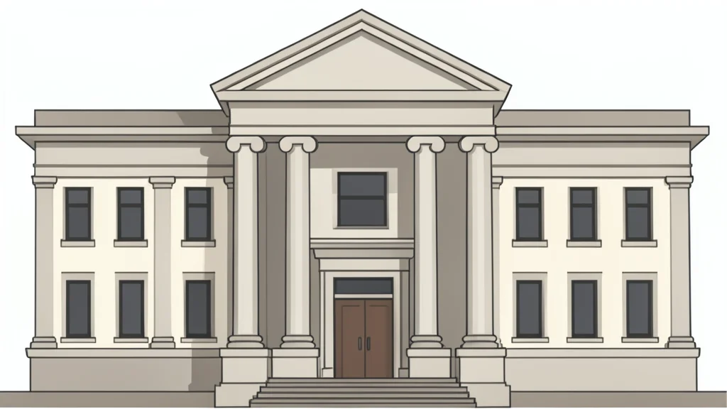 A large, ornate central bank building facade with tall columns and a stone entrance