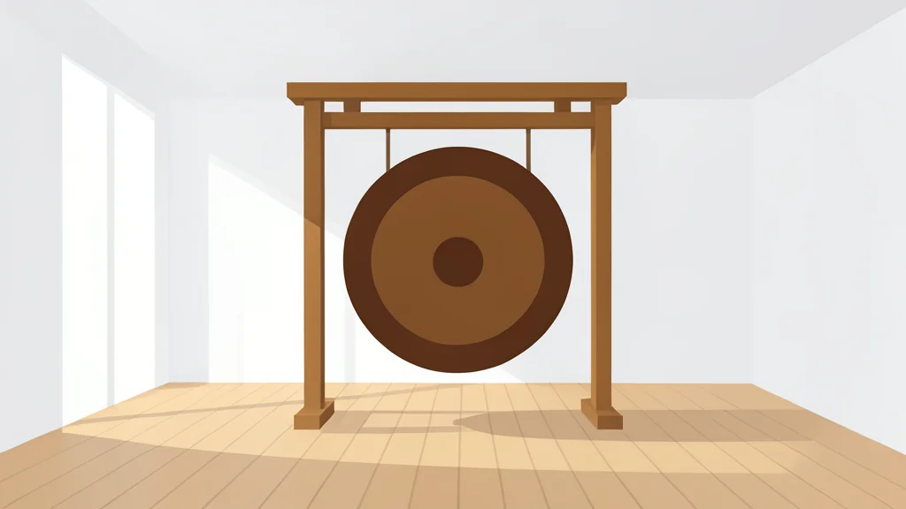 A large ceremonial gong suspended from a wooden frame in a minimalist conference hall.